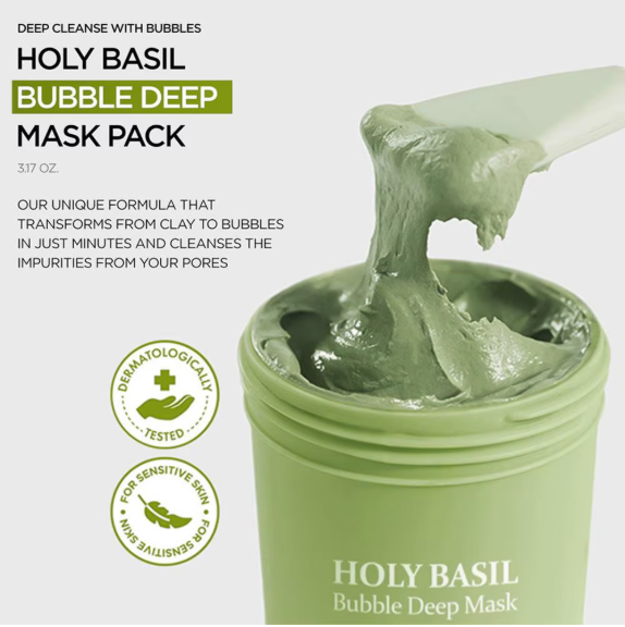 Holy Basil Bubble Cleansing Mask Exfoliating Hydrating Oil Control Natural Formula Deep Moisturizing Smoothing Gentle Skin Care