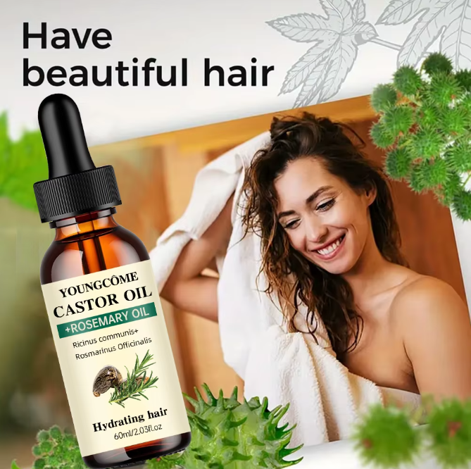 Mix Castor Oil and Rosemary Oil for Hair Growth Enhances hair thickness and Shine, Reduce Hair Loss and Split Ends Hair Care Oil 60ml