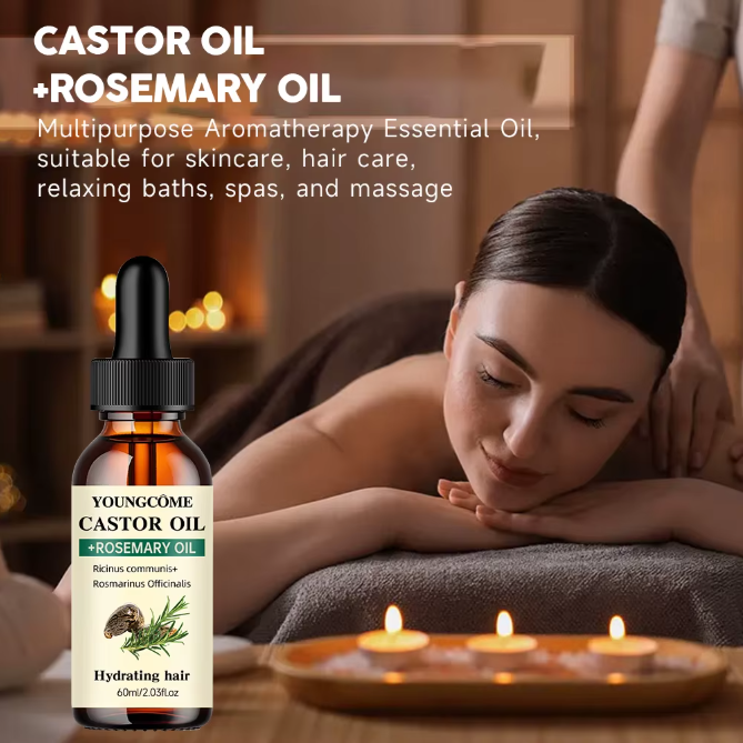 Mix Castor Oil and Rosemary Oil for Hair Growth Enhances hair thickness and Shine, Reduce Hair Loss and Split Ends Hair Care Oil 60ml