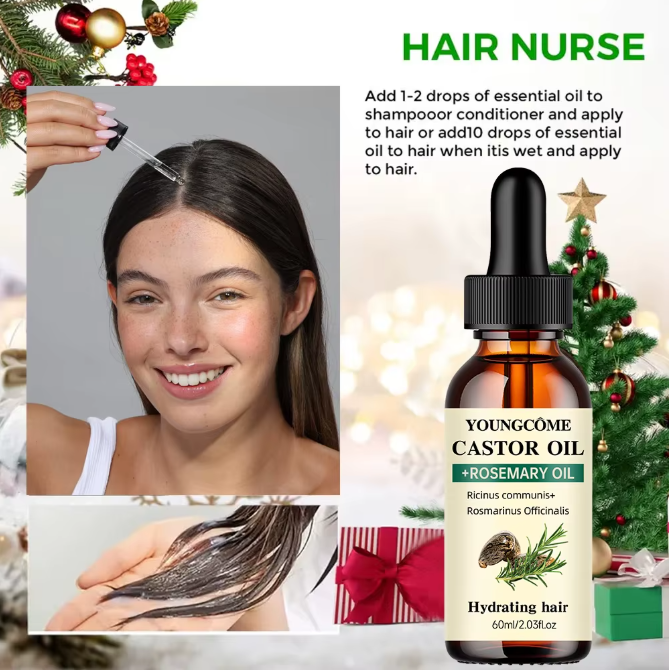 Mix Castor Oil and Rosemary Oil for Hair Growth Enhances hair thickness and Shine, Reduce Hair Loss and Split Ends Hair Care Oil 60ml